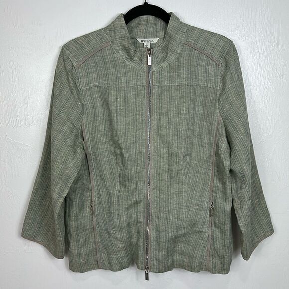 Spanner Linen Green Long Sleeve Striped Zip Up Jacket Size 14 - Picture 1 of 12